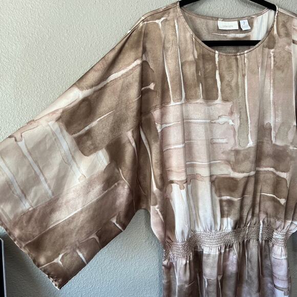 Chicos Neutral Watercolor Cinch Waist Longline Kimono Sleeve Womens Blouse 2 - Picture 2 of 6